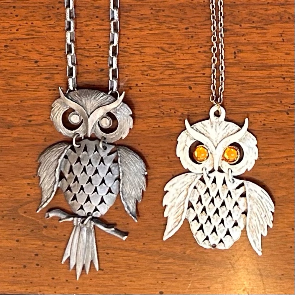 Lot of 2 Vintage Articulated Owl Pendant Necklaces